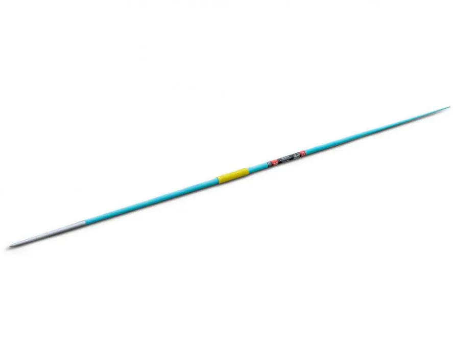 Ein türkis farbener Wettkampf-Speer Viking, 600g