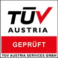 Logo TÜV Austria geprüft - weißes rechteck, schwarzer rahmen, mit schwarzem Schriftzug TÜV Austria (V in rot) - unterer Teil roter Hintergrund mit weißer Schrift 