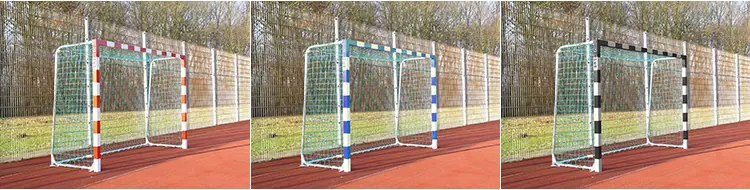 3 Handballtore, verschieden lackiert in rot/weiß, schwarz/weiß und blau/weiß